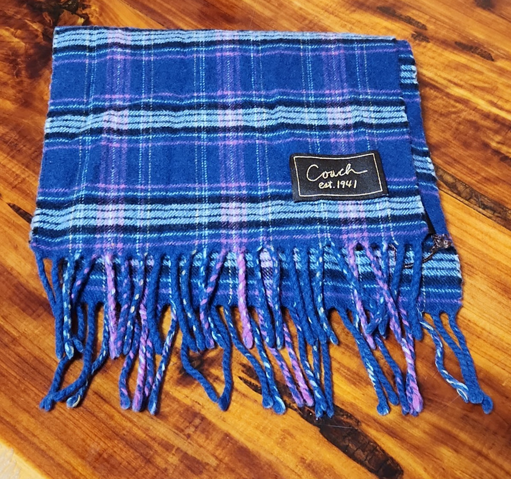 Coach Plaid Scarf Wool Cashmere Fringe Purple Blue Statement Classic 70”x 9.5”